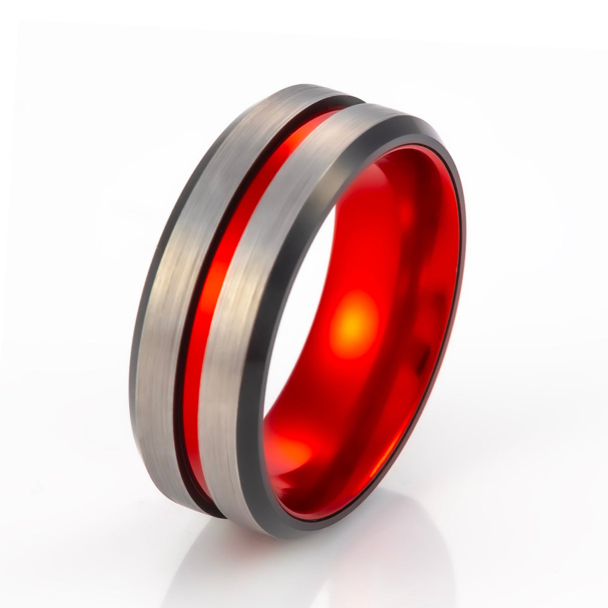 8mm - Red Tungsten Ring Black beveled edges w/ Brushed center wedding band