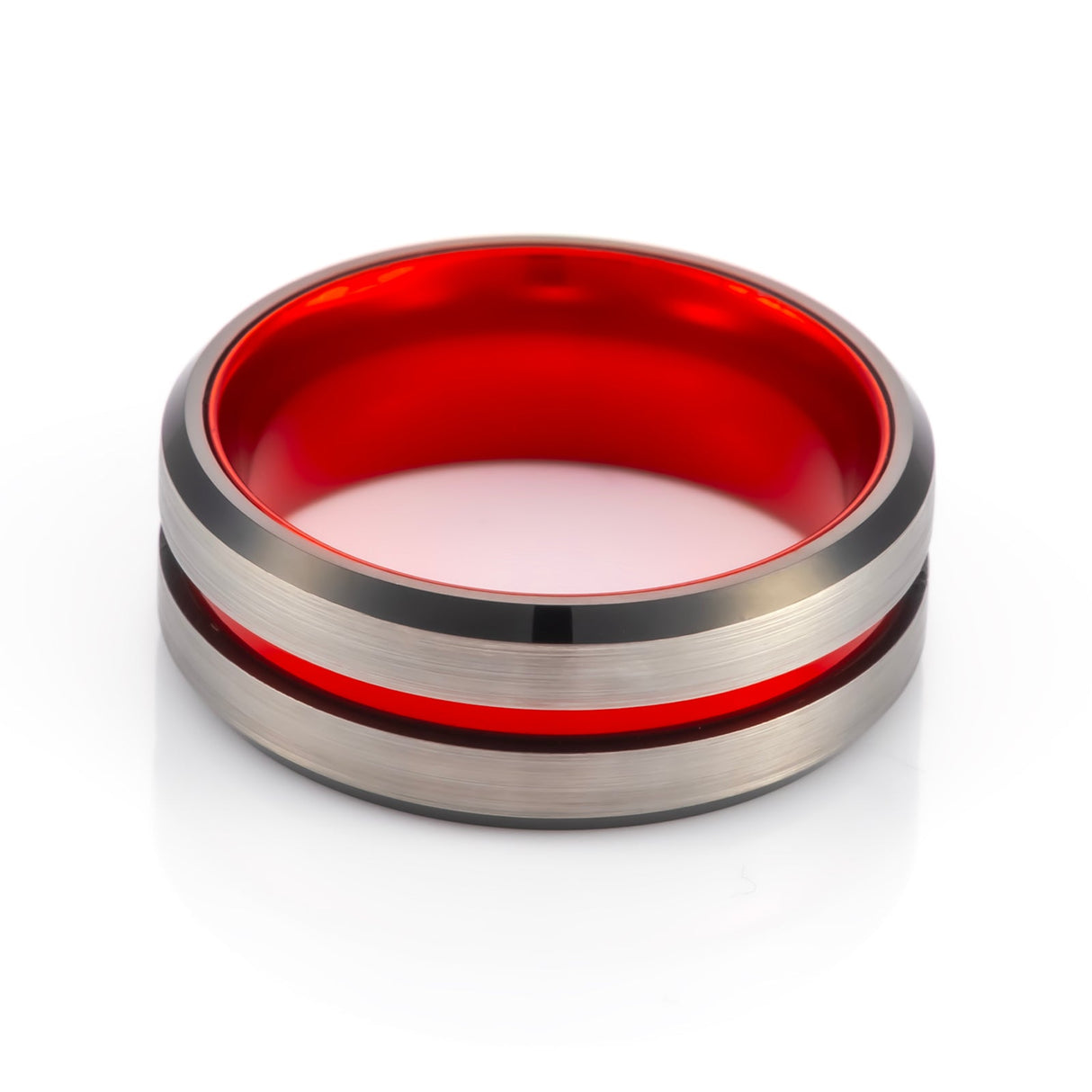 8mm - Red Tungsten Ring Black beveled edges w/ Brushed center wedding band