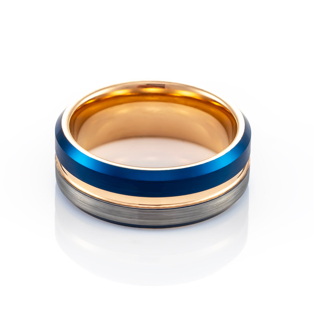 8mm - Rose Gold & Blue half brushed center Brush Matte Finish Tungsten Ring Beveled Edge