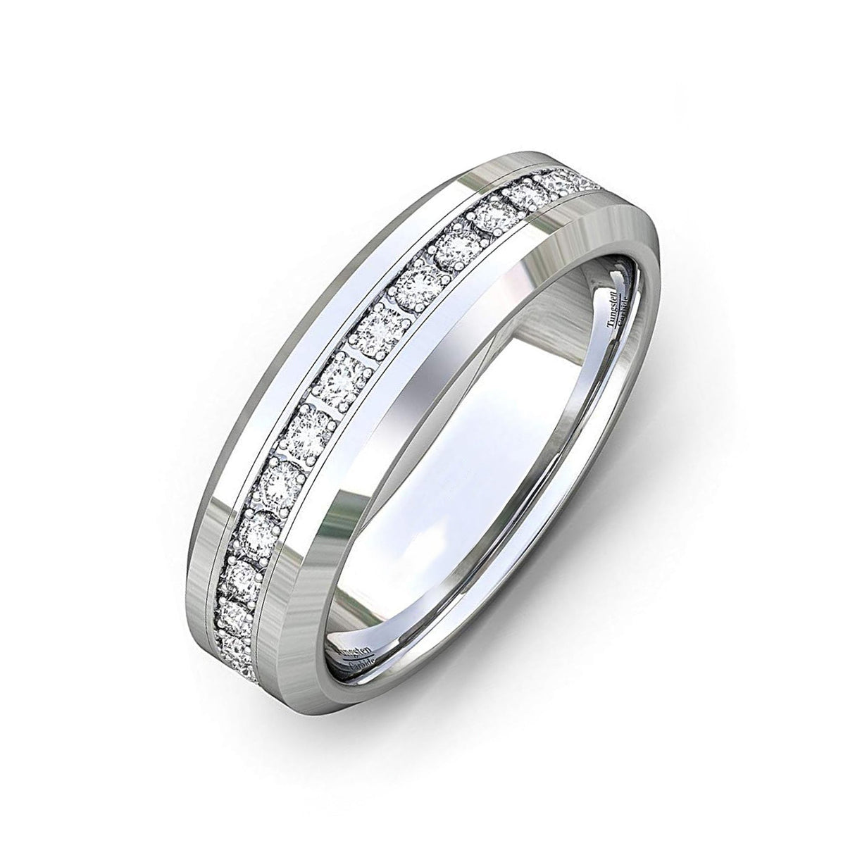 6mm - Tungsten Carbide Wedding Band Fully Stacked Cubic Zircon Beveled Edge Comfort Fit