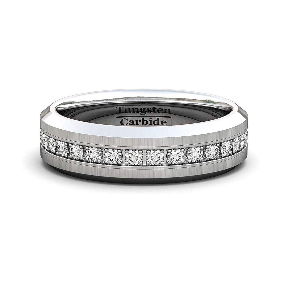 6mm - Tungsten Carbide Wedding Band Fully Stacked Cubic Zircon Beveled Edge Comfort Fit