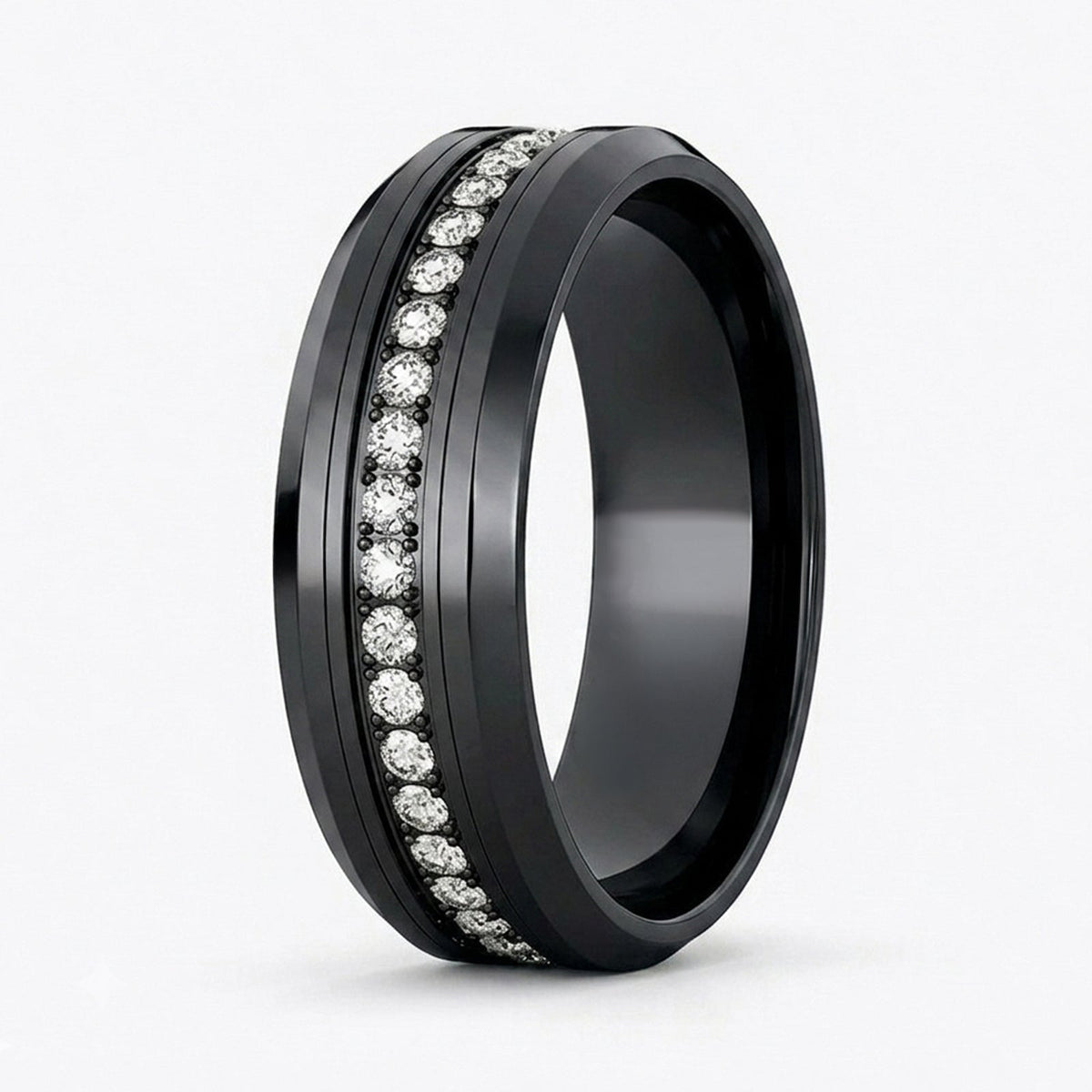 Blackout Crown 8mm Black Tungsten Wedding Band with White CZ Stones