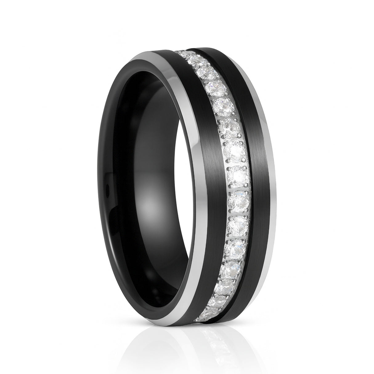 8MM - TUNGSTEN WEDDING BAND Polished Edges CUBIC ZIRCON BEVELED EDGE
