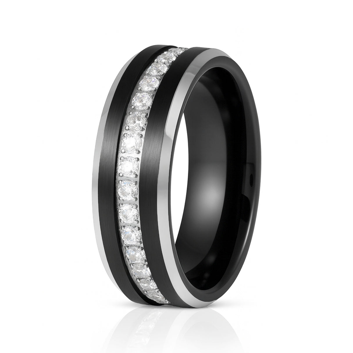 8MM - TUNGSTEN WEDDING BAND Polished Edges CUBIC ZIRCON BEVELED EDGE
