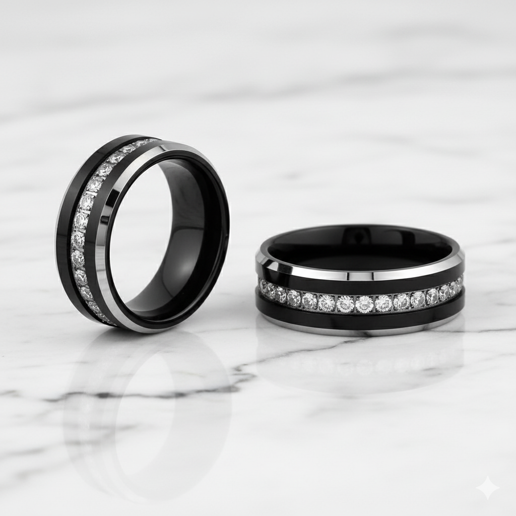 8MM - TUNGSTEN WEDDING BAND Polished Edges CUBIC ZIRCON BEVELED EDGE