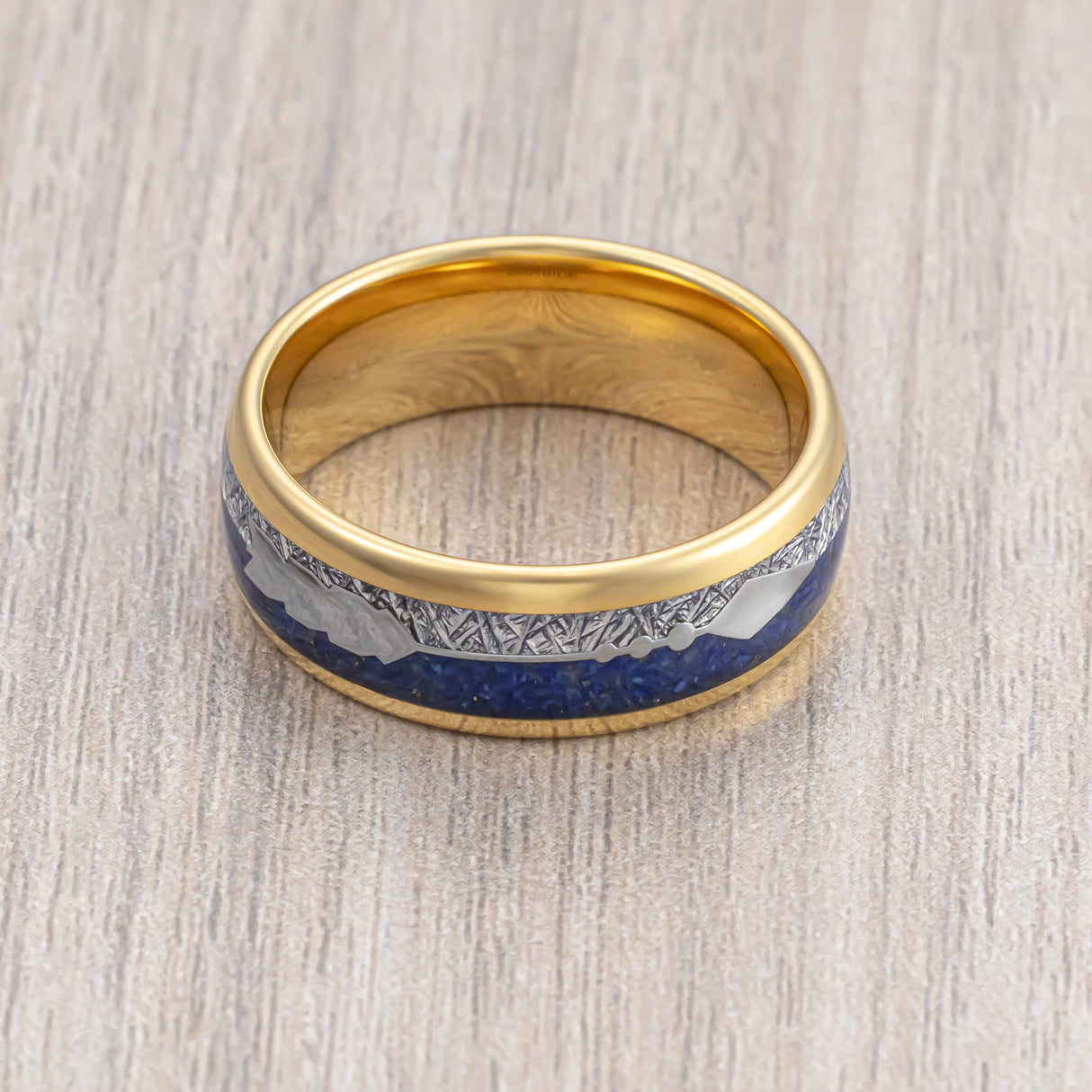 8mm- Yellow GOLD TUNGSTEN ARROW RING W/ BLUE LAPIS LAZULI, FAUX METEORITE