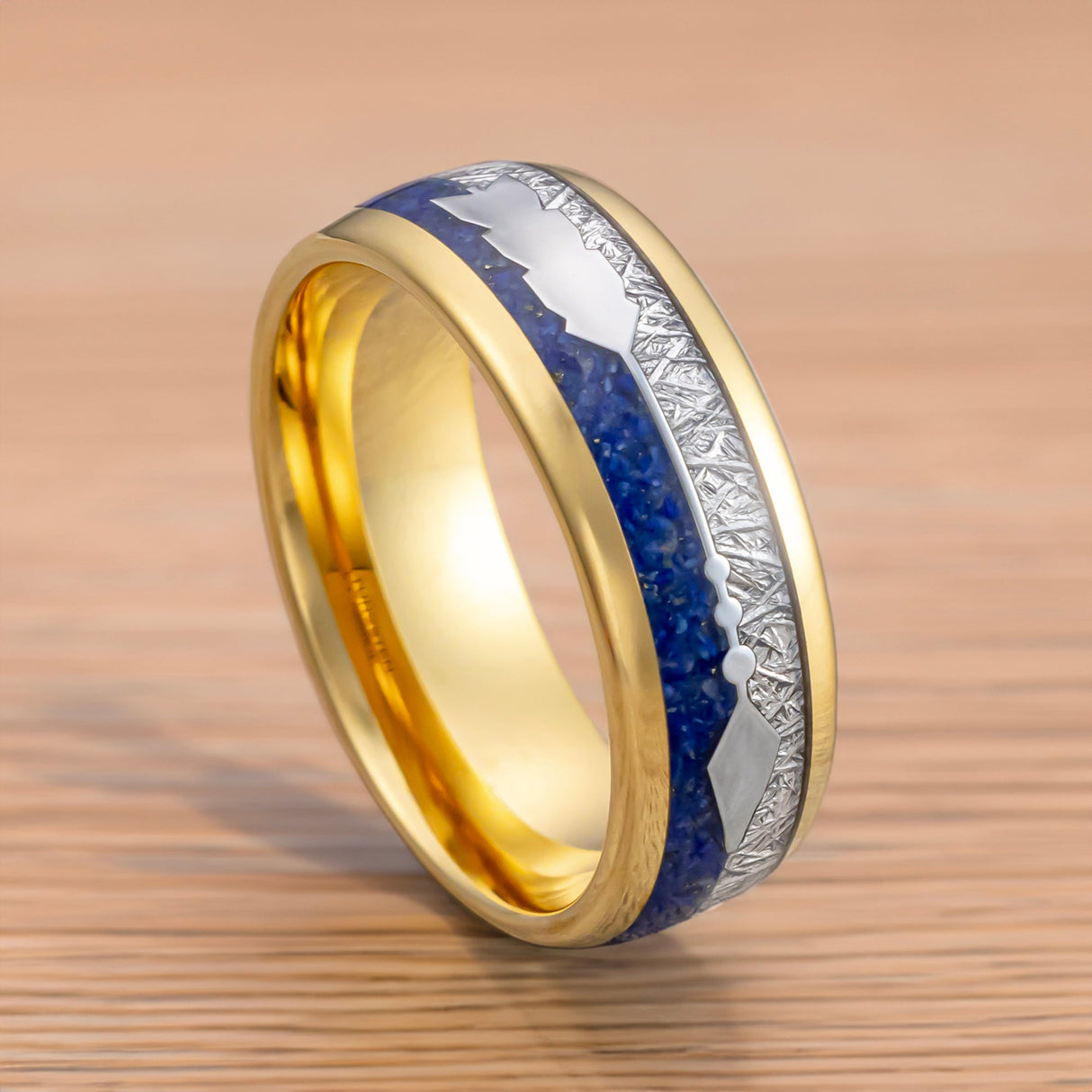 8mm- Yellow GOLD TUNGSTEN ARROW RING W/ BLUE LAPIS LAZULI, FAUX METEORITE