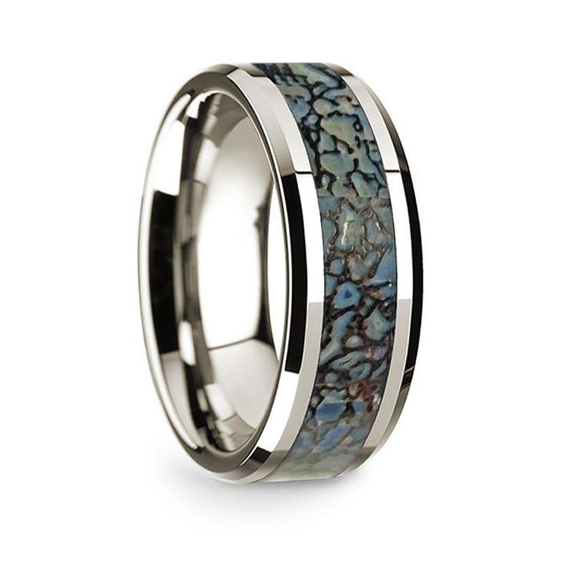 14k White Gold Polished Beveled Edges W/ Blue Dinosaur Inlay - 8mm