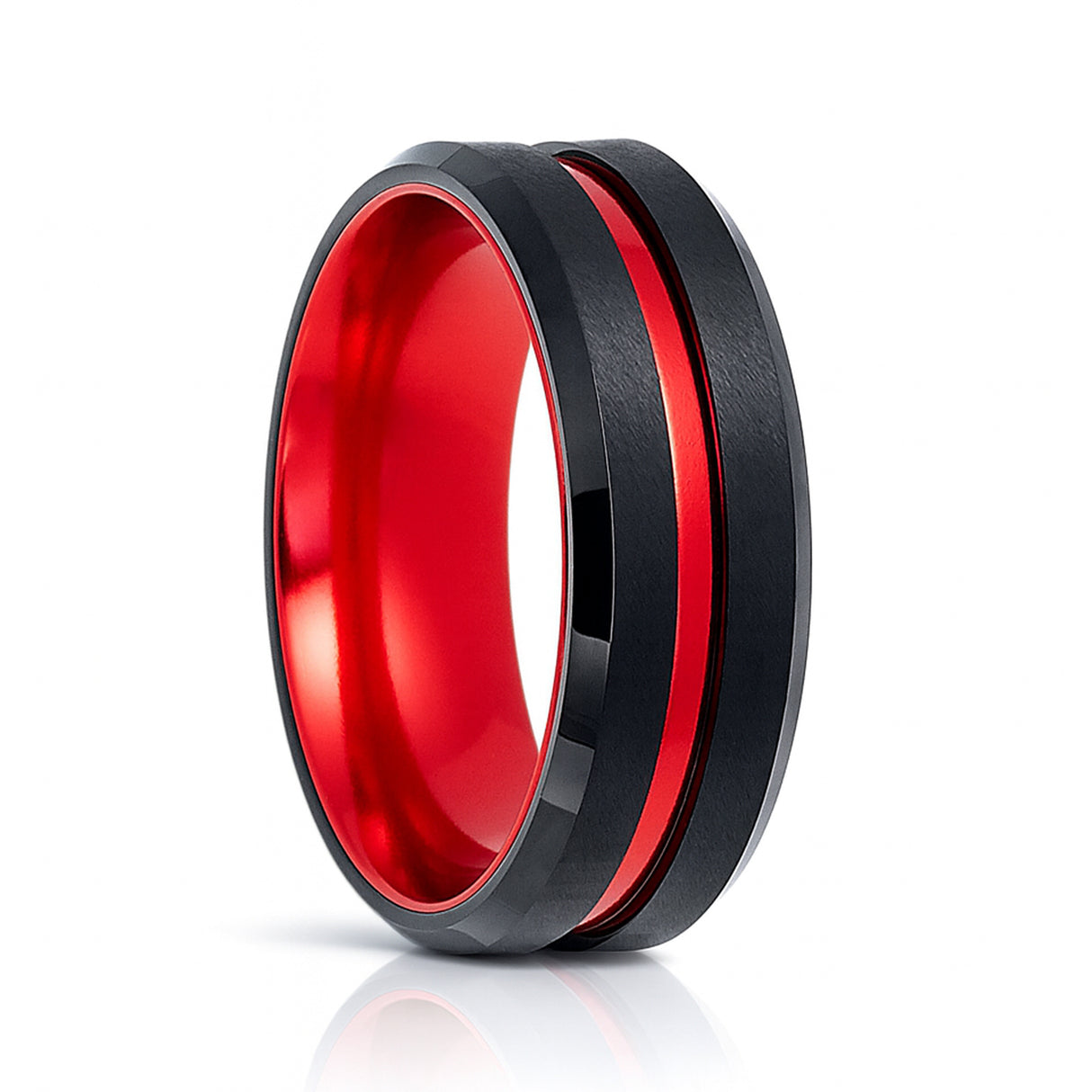 8mm - Black & Red Brush Matte Finish Tungsten Carbide Ring Beveled Edge Red Inlay Wedding Band