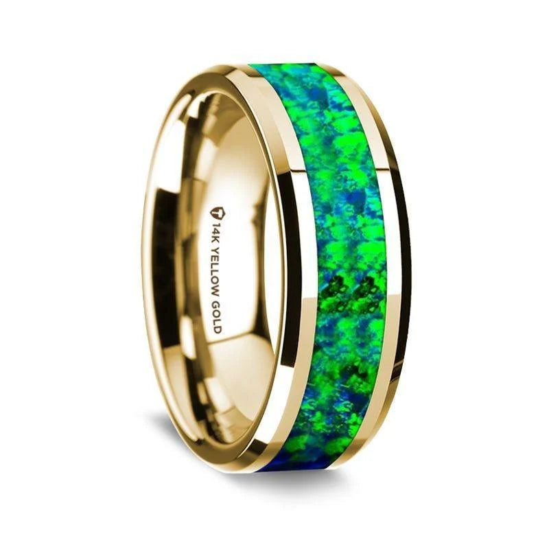 14K Yellow Gold Polished Beveled Edges W/ Emerald Green and Sapphire Blue Opal - 8mm