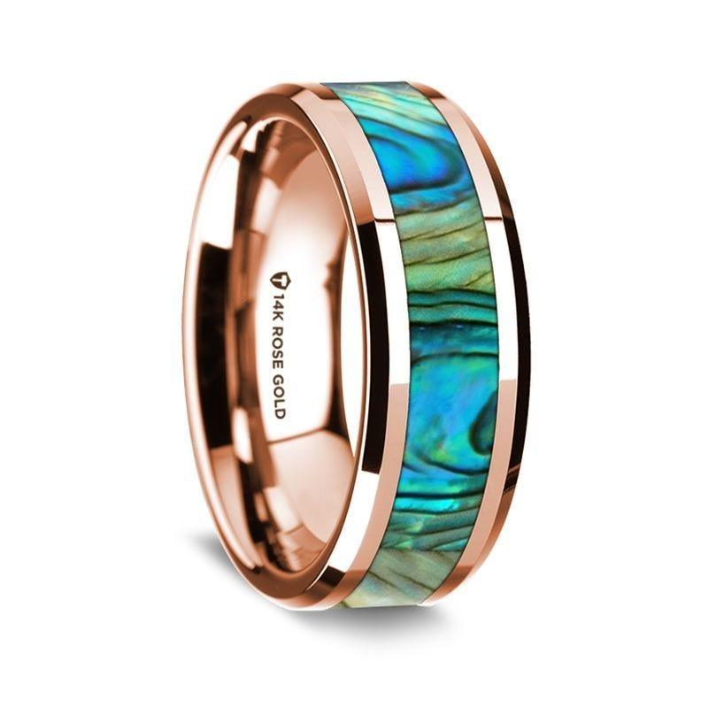 14K Rose Gold Polished Beveled Edges W/ Mother of Pearl Inlay - 8mm