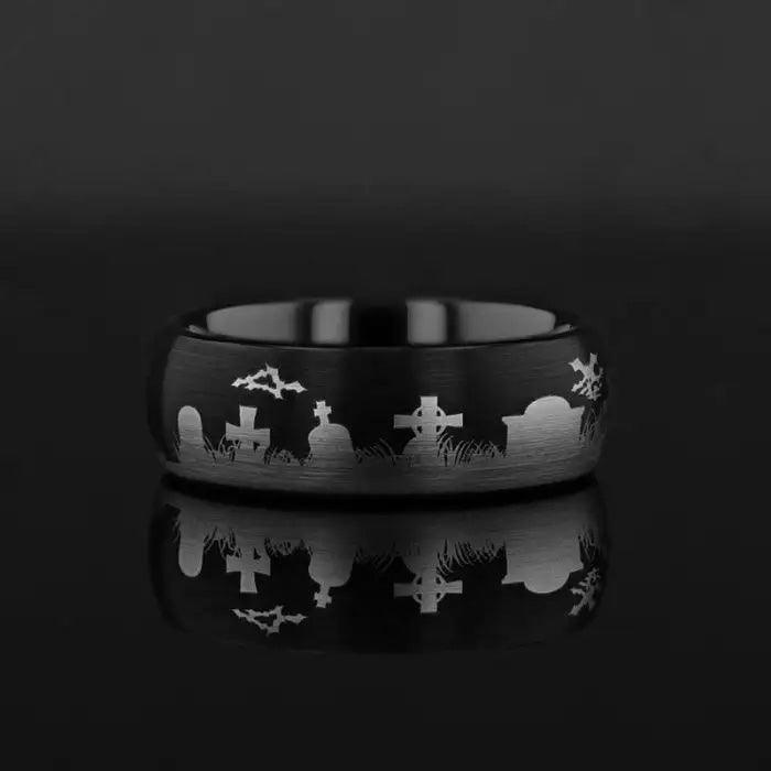 Graveyard Halloween Engraved Domed Black Tungsten Ring Brushed (Raider) - 4mm - 8mm