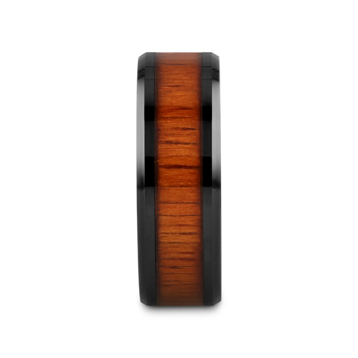 ACACIA Koa Wood Inlaid Black Ceramic Ring with Bevels - 4mm - 8mm