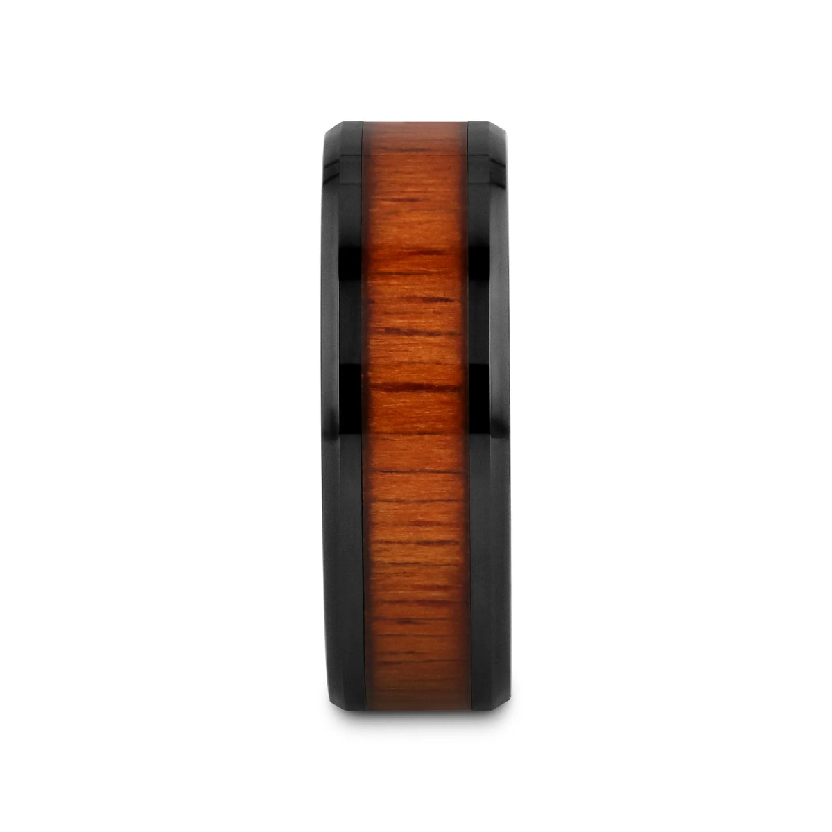 ACACIA Koa Wood Inlaid Black Ceramic Ring with Bevels - 4mm - 8mm