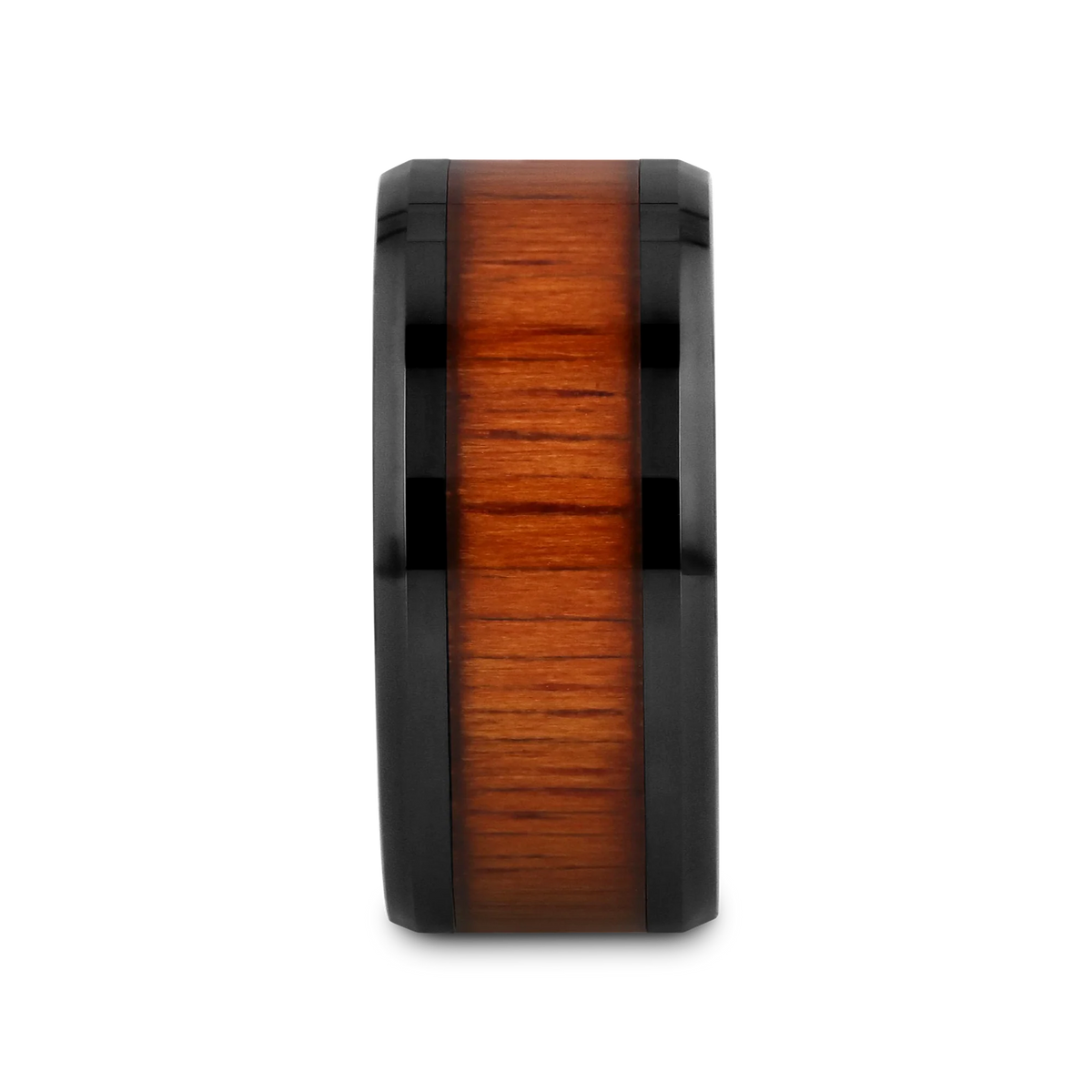 ACACIA Koa Wood Inlaid Black Ceramic Ring with Bevels - 10mm - 12mm