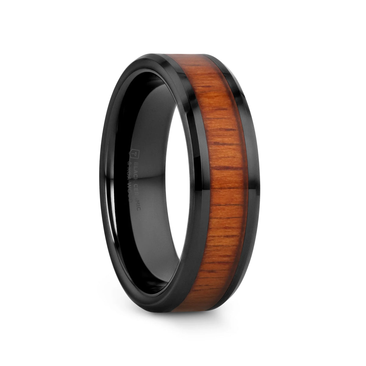 ACACIA Koa Wood Inlaid Black Ceramic Ring with Bevels - 4mm - 8mm