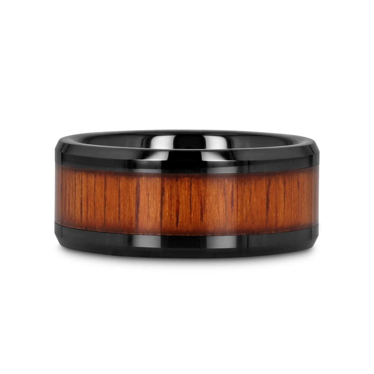ACACIA Koa Wood Inlaid Black Ceramic Ring with Bevels - 10mm - 12mm