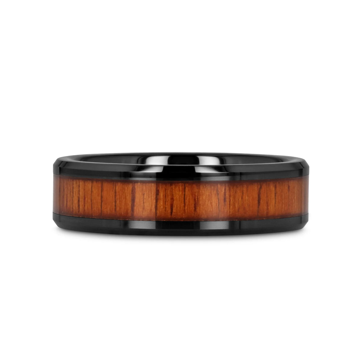 ACACIA Koa Wood Inlaid Black Ceramic Ring with Bevels - 4mm - 8mm