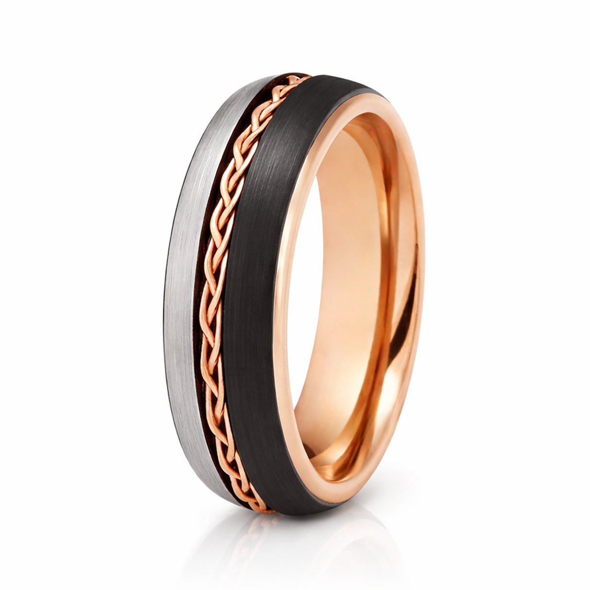 6mm Rose Gold Tungsten Carbide Ring Braid Ring Brushed Black & Gunmetal Center
