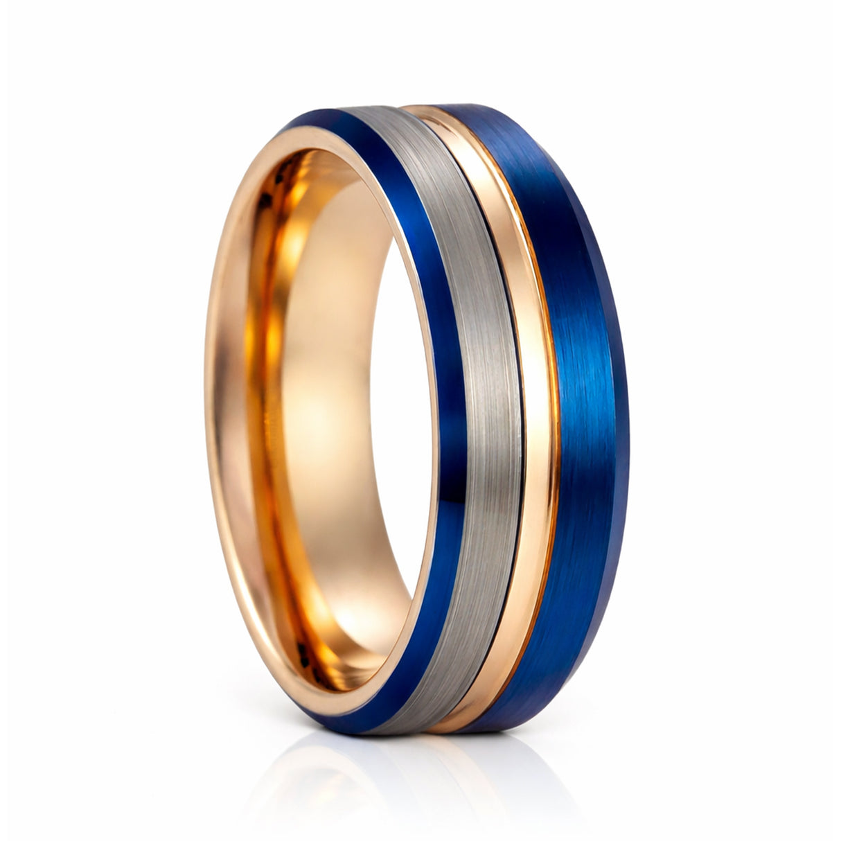 8mm - Rose Gold & Blue half brushed center Brush Matte Finish Tungsten Ring Beveled Edge