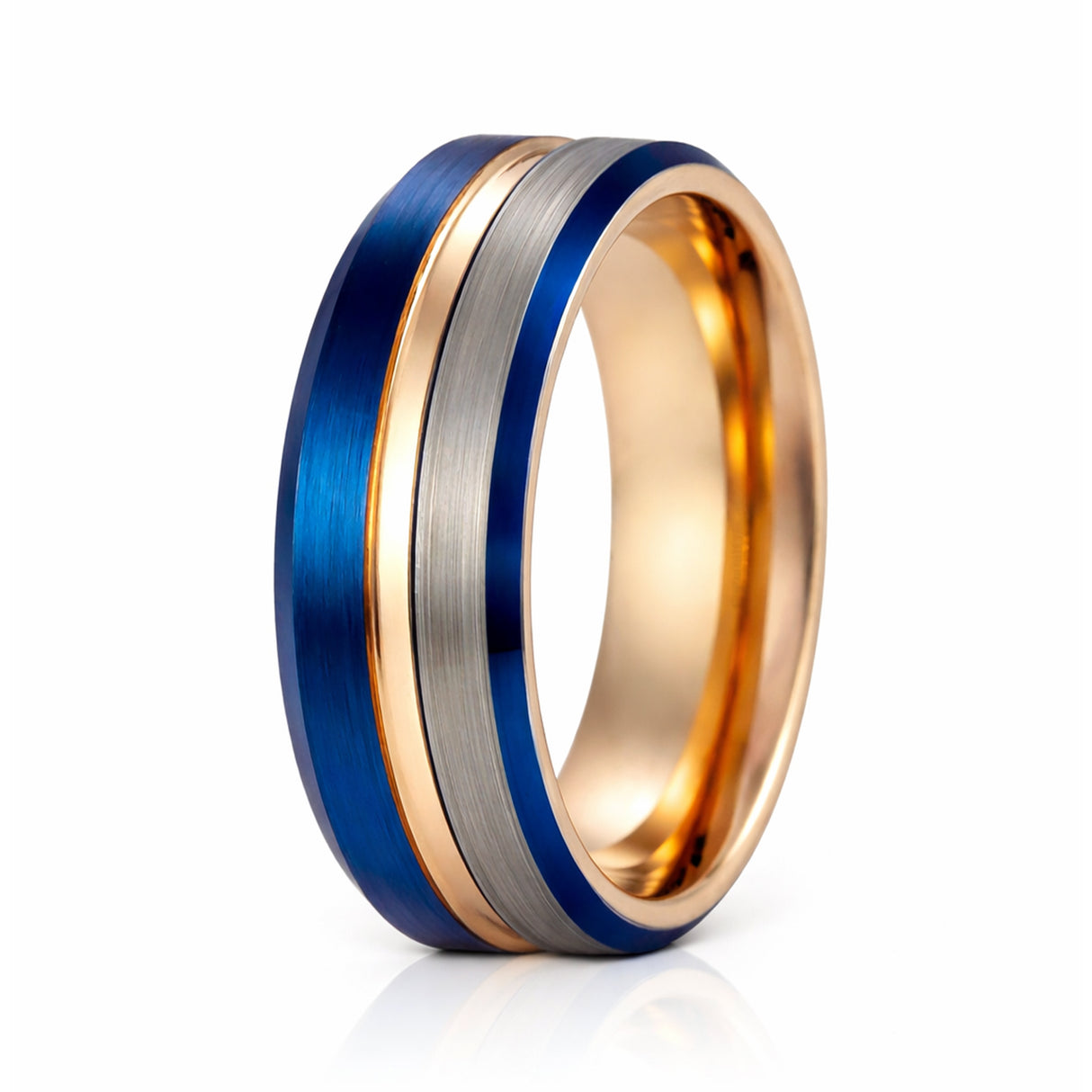 8mm - Rose Gold & Blue half brushed center Brush Matte Finish Tungsten Ring Beveled Edge