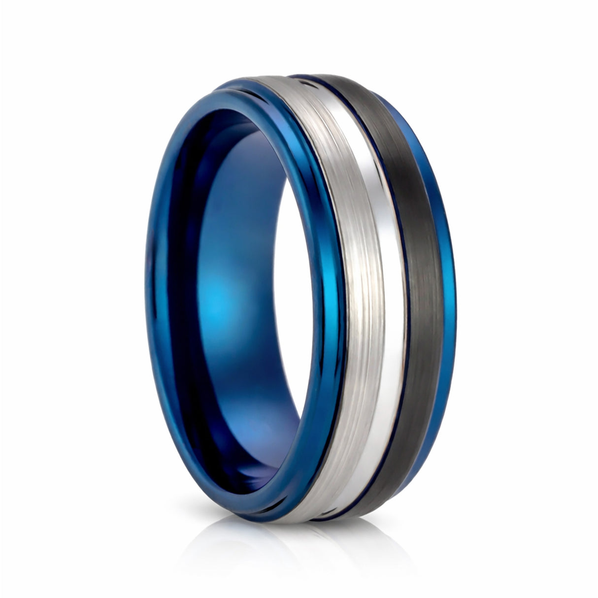 8mm Blue Tungsten Carbide Ring W/ half Black Brush & Silver Center Groove