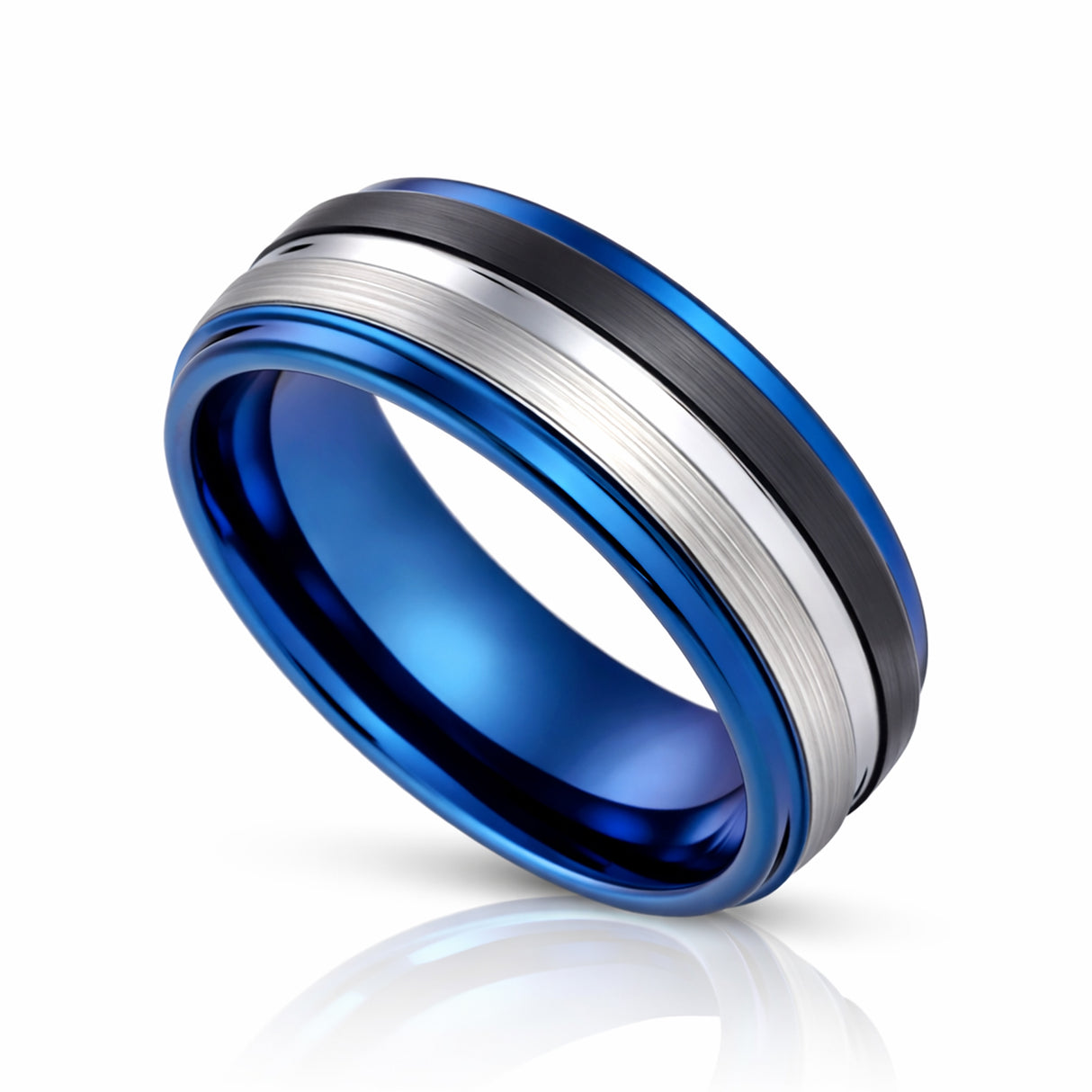 8mm Blue Tungsten Carbide Ring W/ half Black Brush & Silver Center Groove
