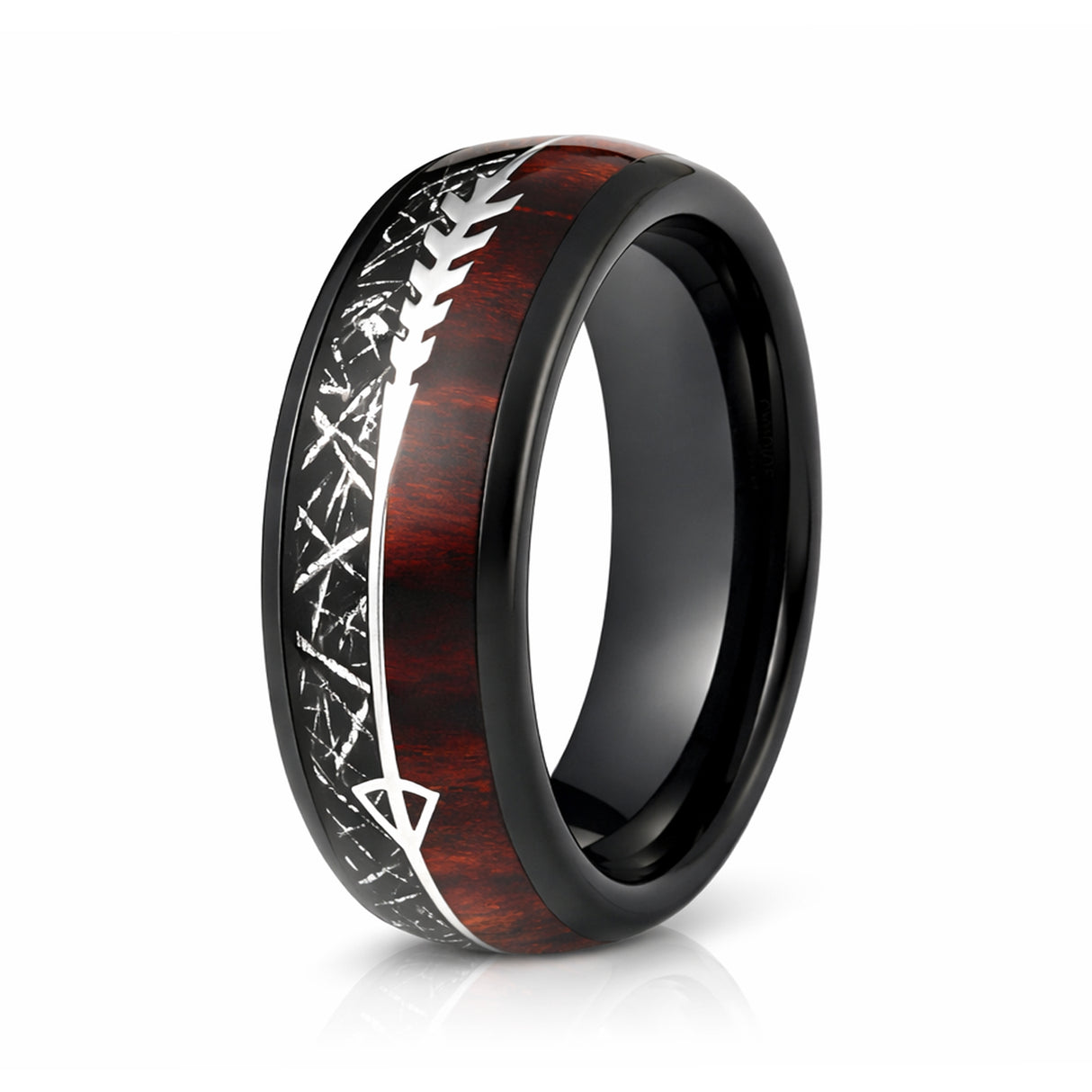 8mm Tungsten Carbide Meteorite Wedding Band, Koa Wood Ring, Arrow Ring