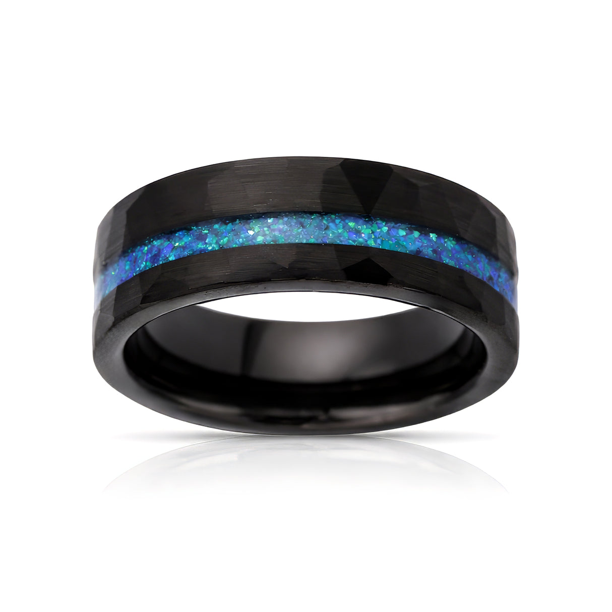 8mm - Black Tungsten Ring, Blue Opal Hammered wedding Ring, Brushed Finish