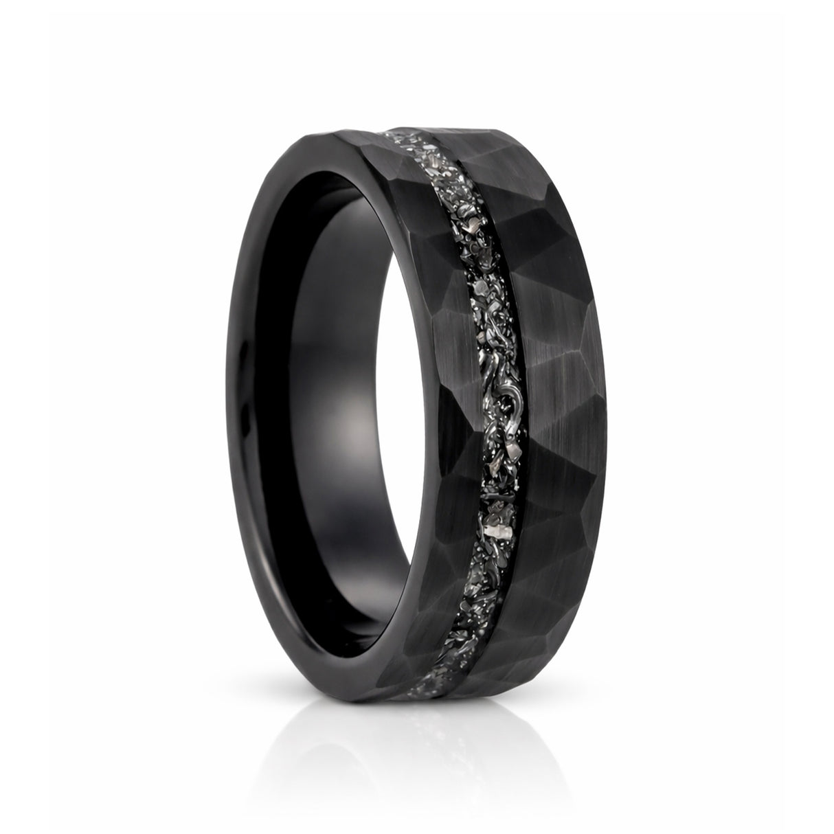 8mm - Black Tungsten Ring, Black Meteorite Hammered wedding Ring, Brushed Finish