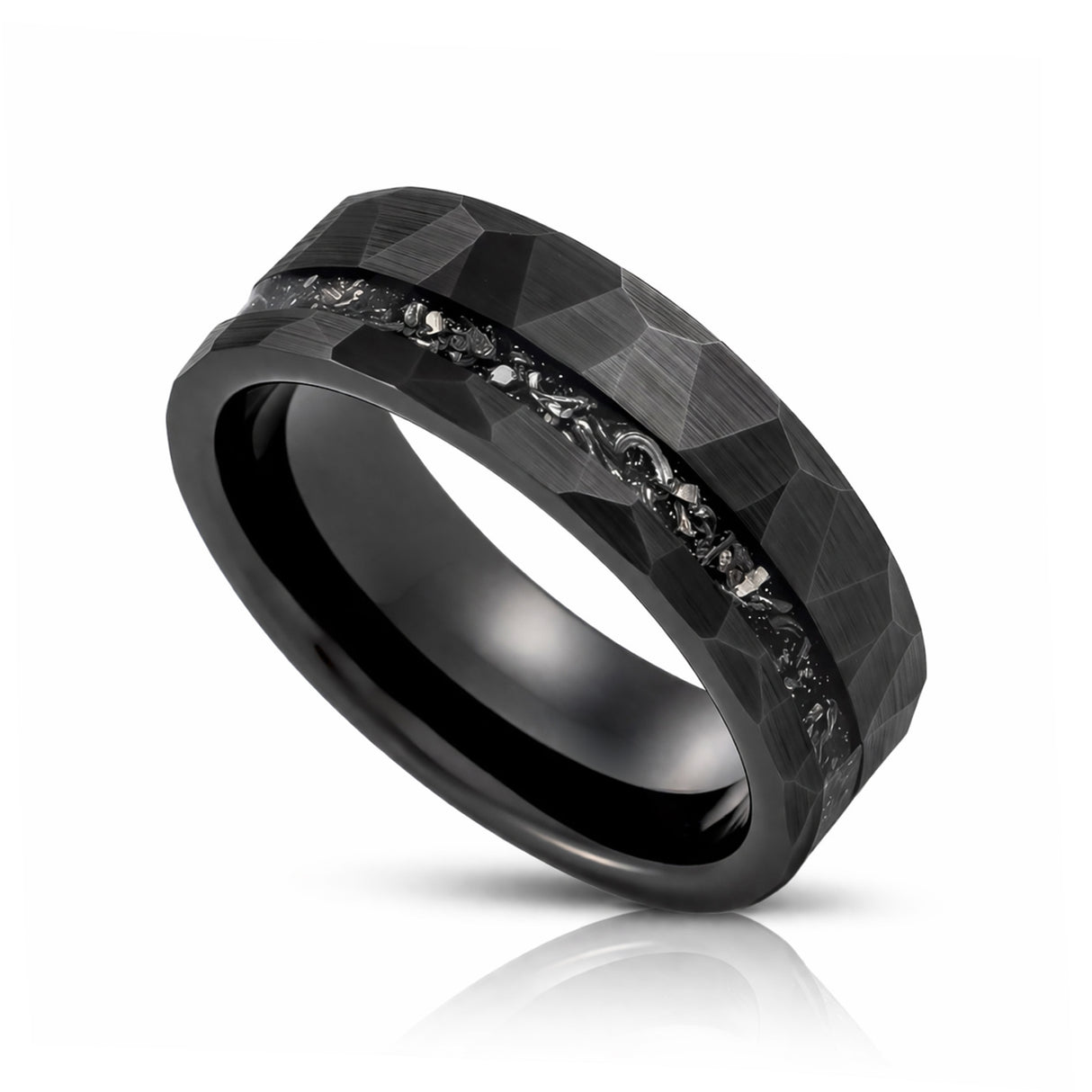 8mm - Black Tungsten Ring, Black Meteorite Hammered wedding Ring, Brushed Finish