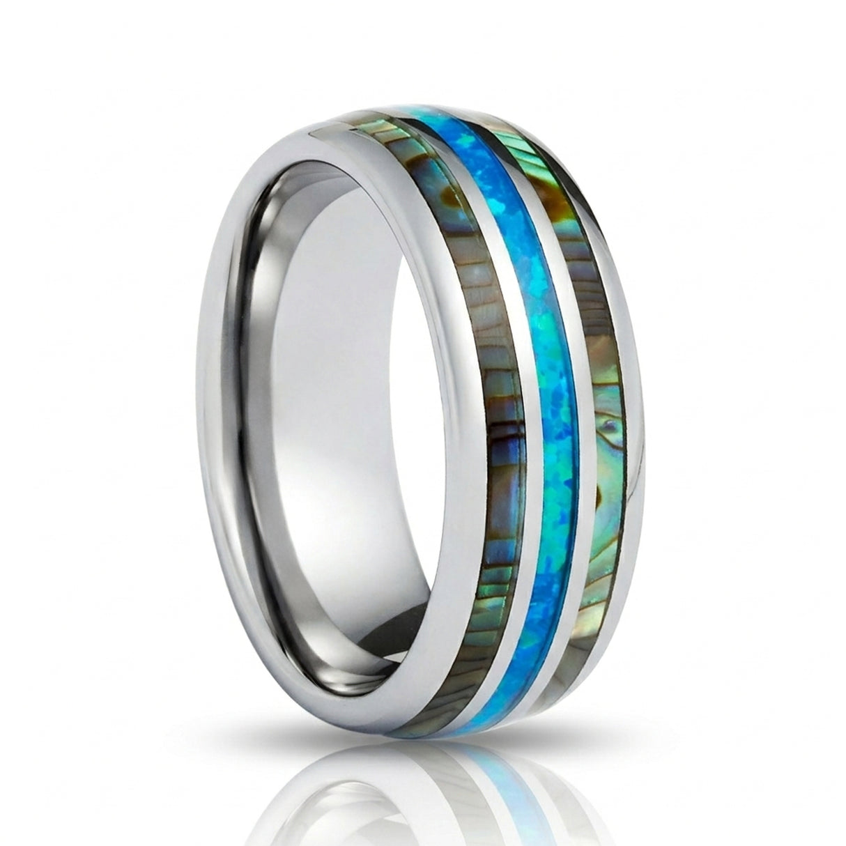 8mm Tungsten Carbide Wedding Ring with Blue Opal and Abalone Shell Inlay Dome Style High Polished Comfort Fit Size