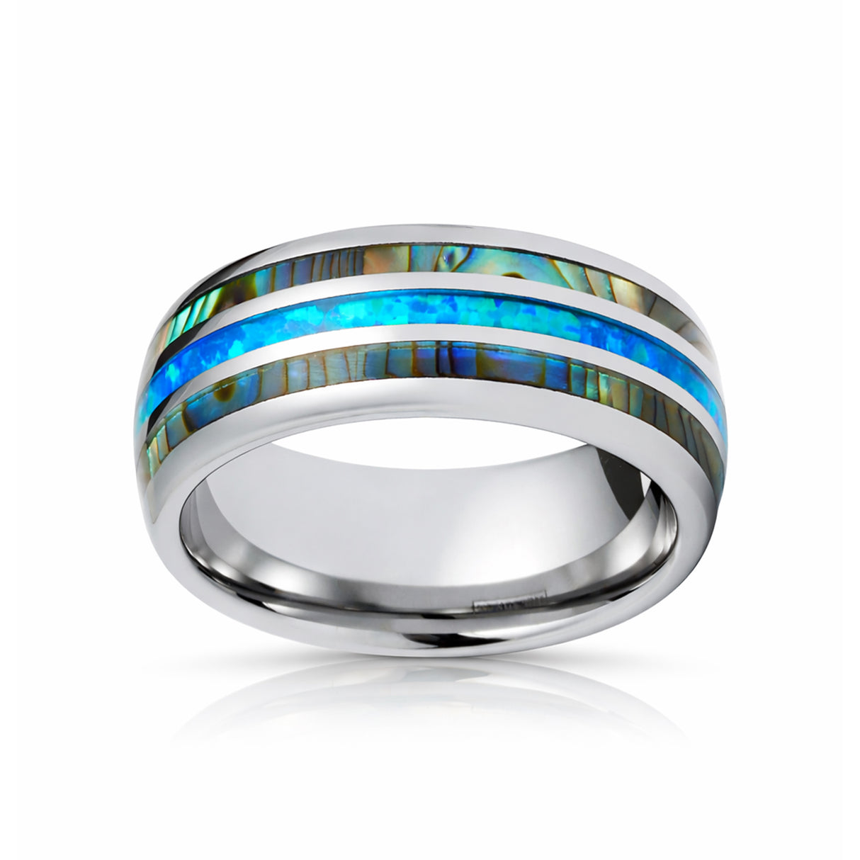 8mm Tungsten Carbide Wedding Ring with Blue Opal and Abalone Shell Inlay Dome Style High Polished Comfort Fit Size