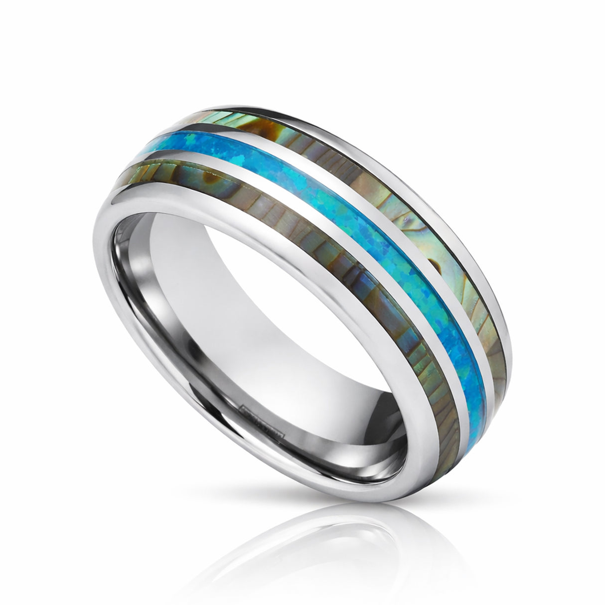 8mm Tungsten Carbide Wedding Ring with Blue Opal and Abalone Shell Inlay Dome Style High Polished Comfort Fit Size
