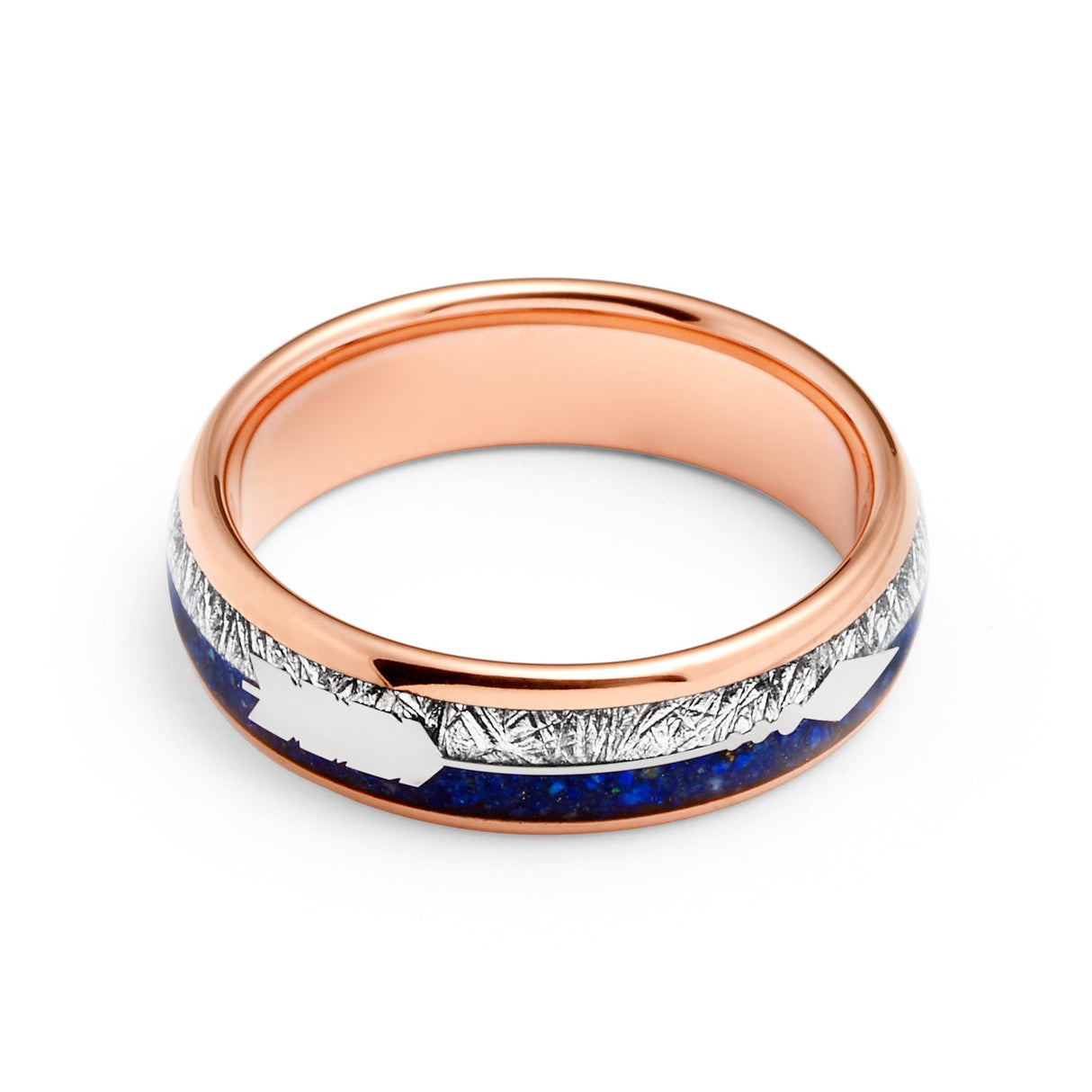 8mm- ROSE GOLD TUNGSTEN ARROW RING W/ BLUE LAPIS LAZULI, FAUX METEORITE,