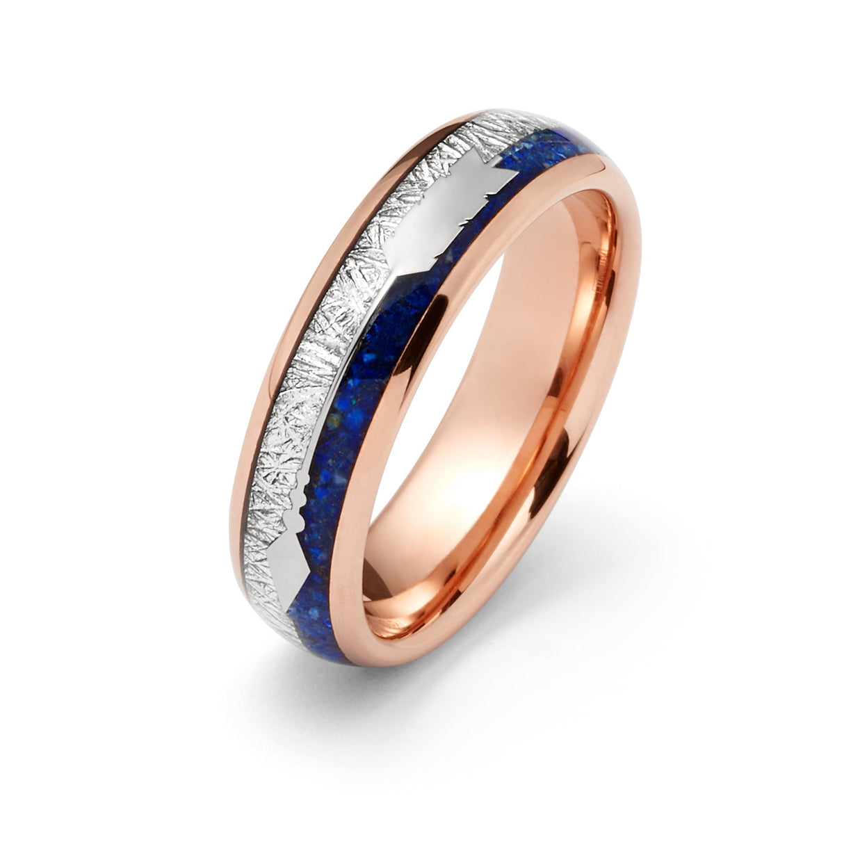 8mm- ROSE GOLD TUNGSTEN ARROW RING W/ BLUE LAPIS LAZULI, FAUX METEORITE,