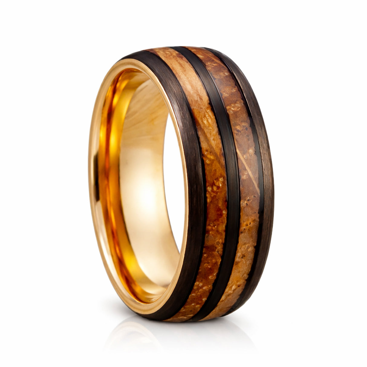 8mm Tungsten Double Barrel Wood Ring Rose Gold & Black Tungsten Ring