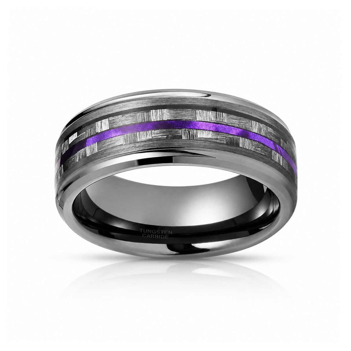 8mm - Tungsten Gunmetal wedding Rings, Carbon Fiber W/ Purple Wood Wedding Band
