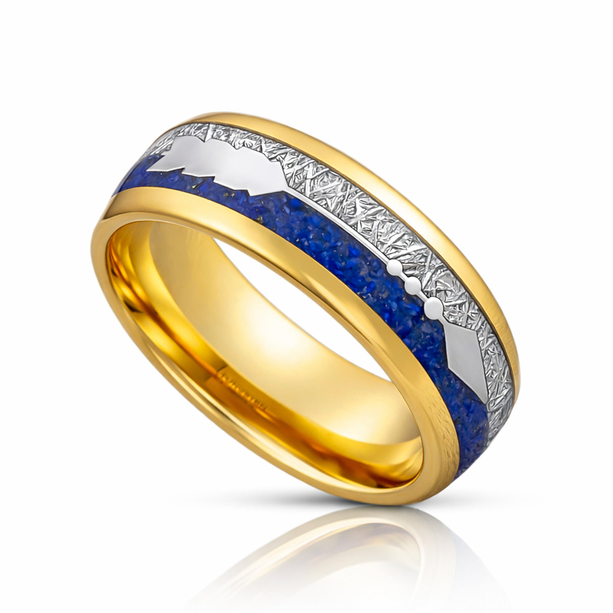 8mm- Yellow GOLD TUNGSTEN ARROW RING W/ BLUE LAPIS LAZULI, FAUX METEORITE