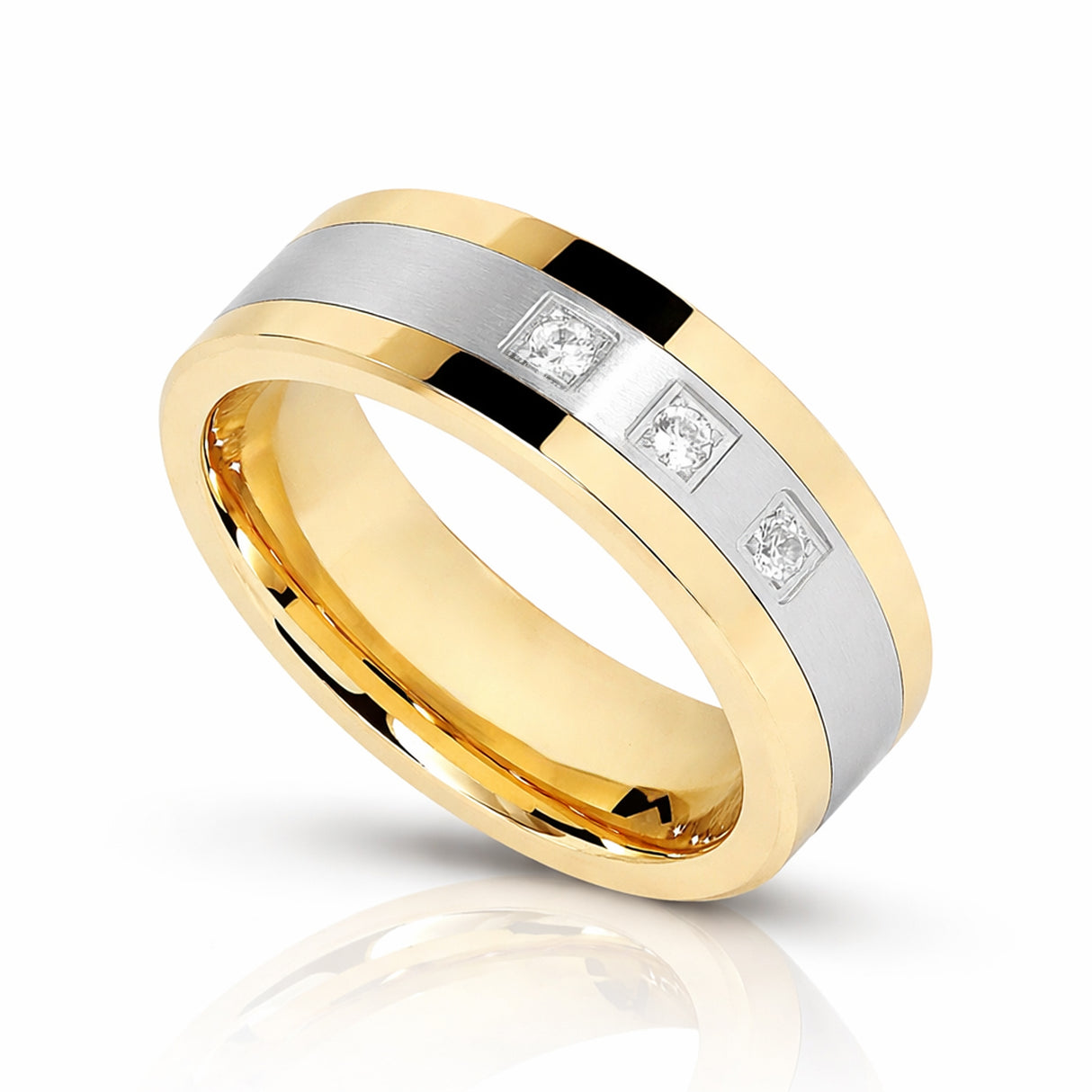 8mm - Tungsten Rings for Men Gold Silver, Diamond Wedding Bands, 3 CZ diamonds