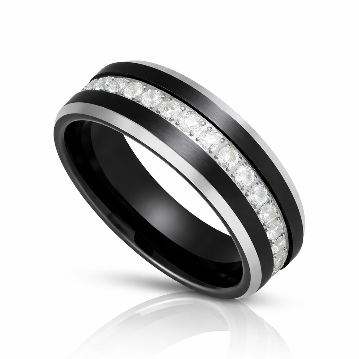 8MM - TUNGSTEN WEDDING BAND Polished Edges CUBIC ZIRCON BEVELED EDGE