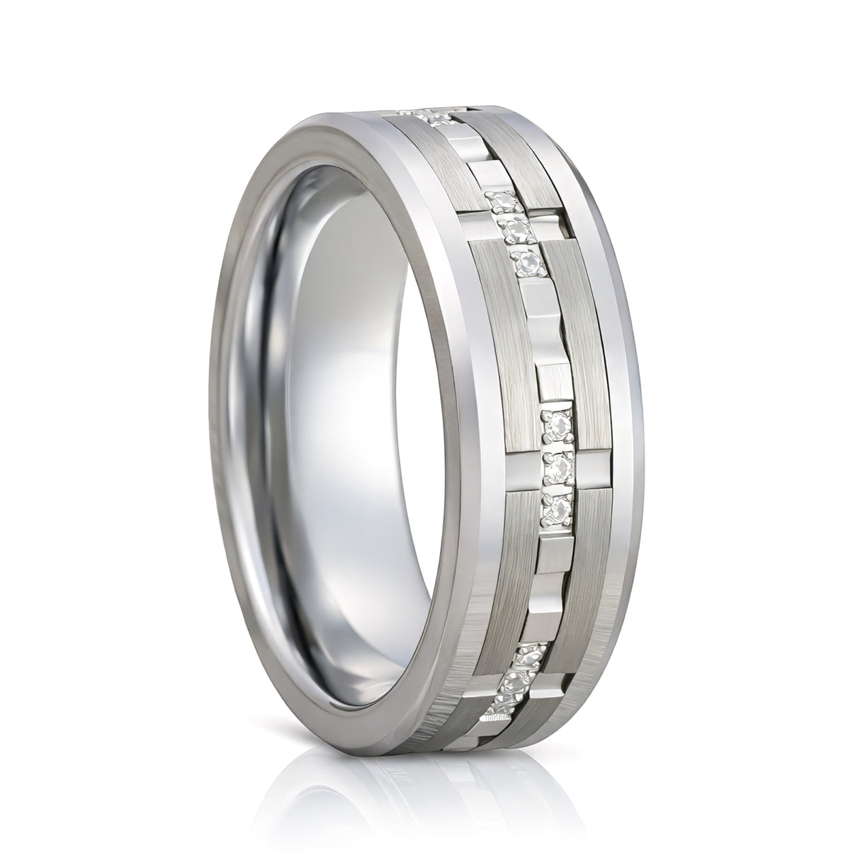 8mm - Men's Silver Tungsten Wedding Band, White Diamond Ring, Comfort Fit Anniversary Ring