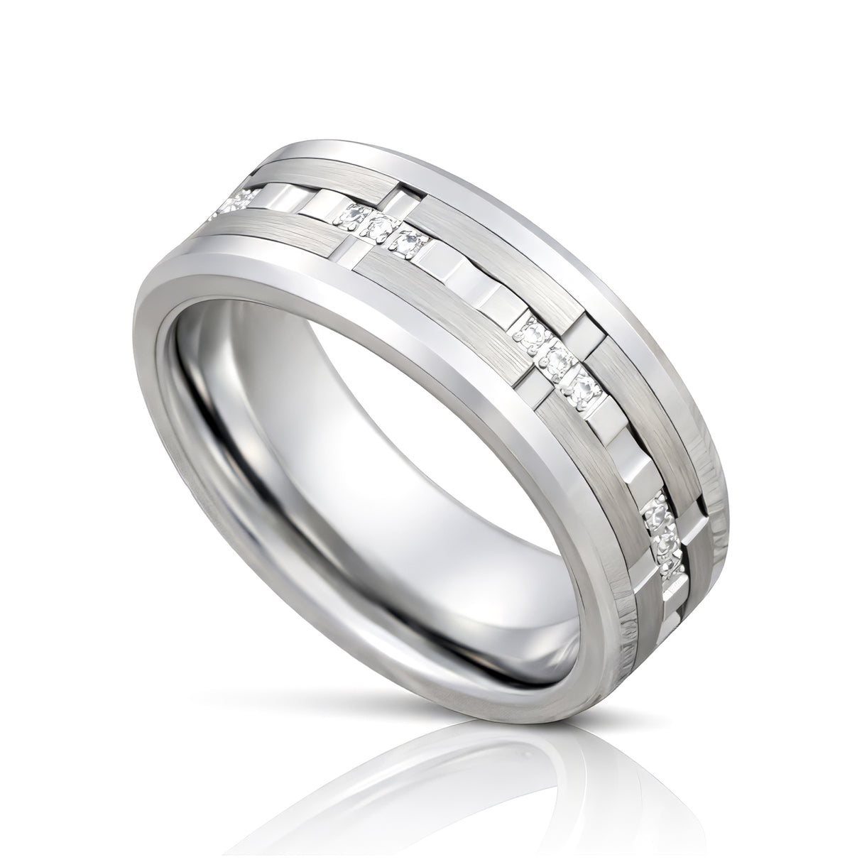 8mm - Men's Silver Tungsten Wedding Band, White Diamond Ring, Comfort Fit Anniversary Ring