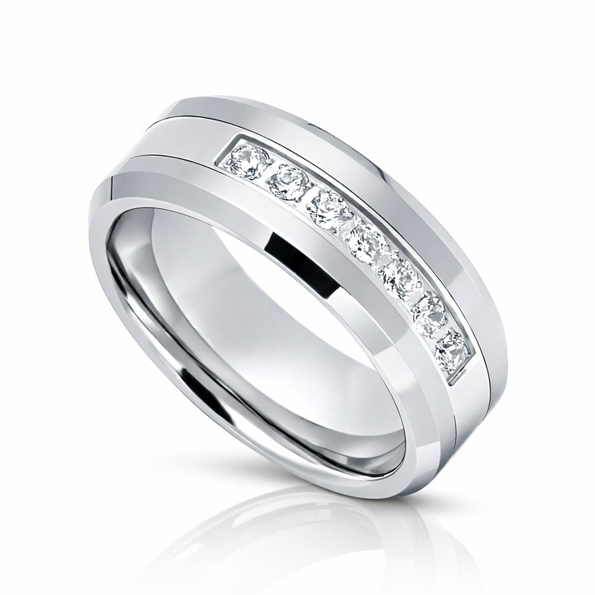 8mm - Silver Tungsten Wedding Band W/ 7 CZ Diamond Inlay High Polish