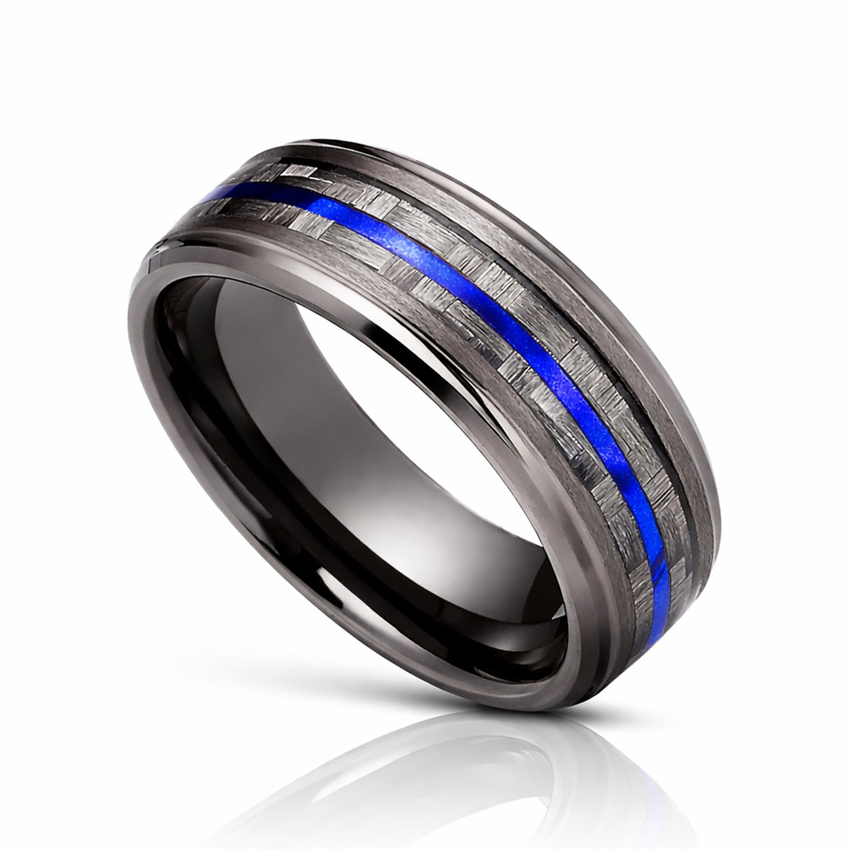 8mm - Tungsten Gunmetal wedding Rings, Carbon Fiber W/ Blue Wood Wedding Band