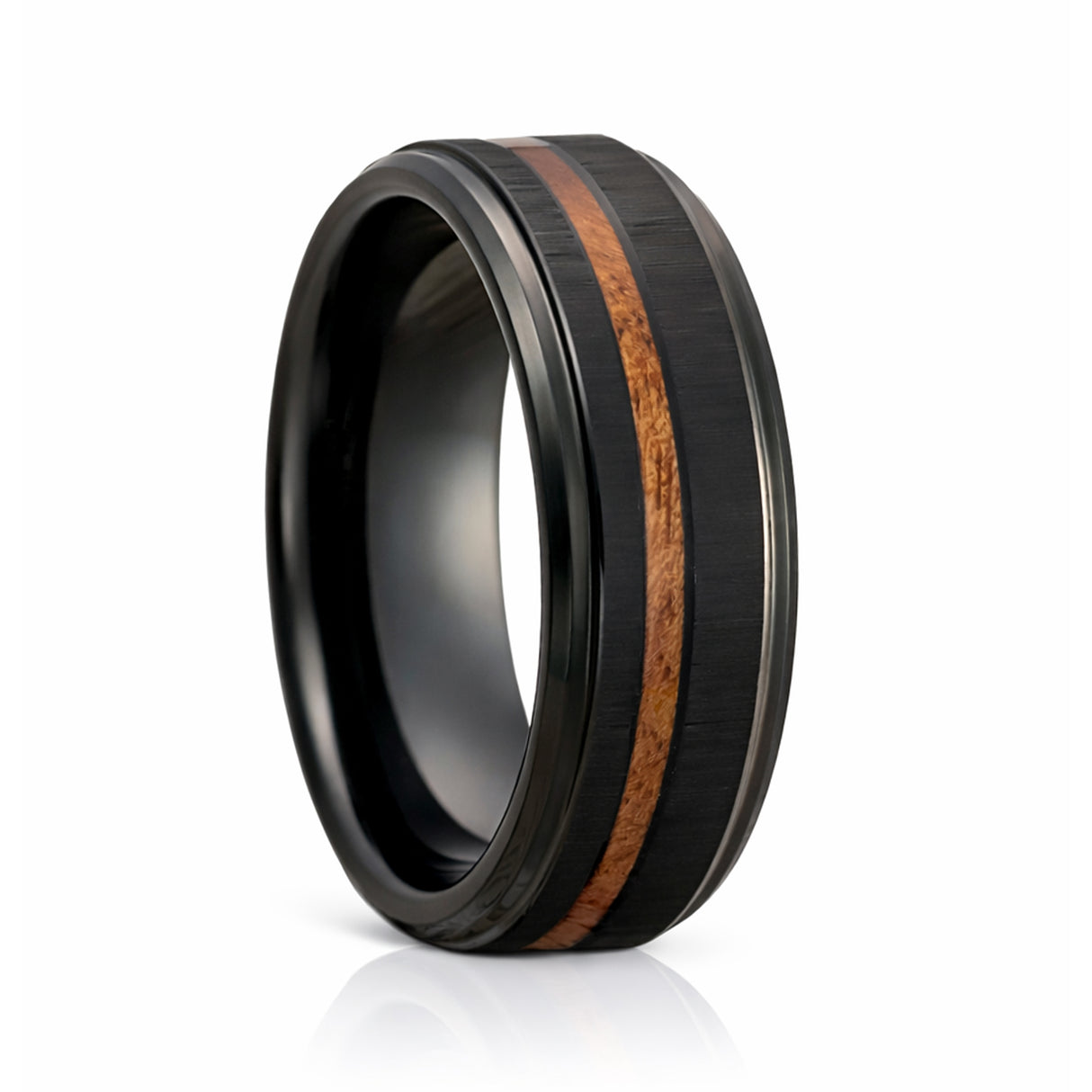8mm Black Tungsten Wedding Band With Real Hawaiian Koa Wood Inlay