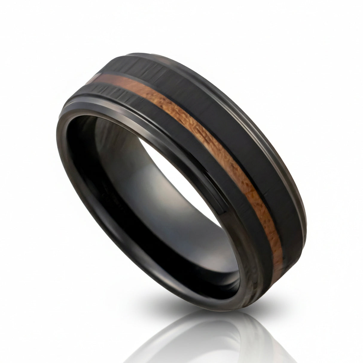 8mm Black Tungsten Wedding Band With Real Hawaiian Koa Wood Inlay