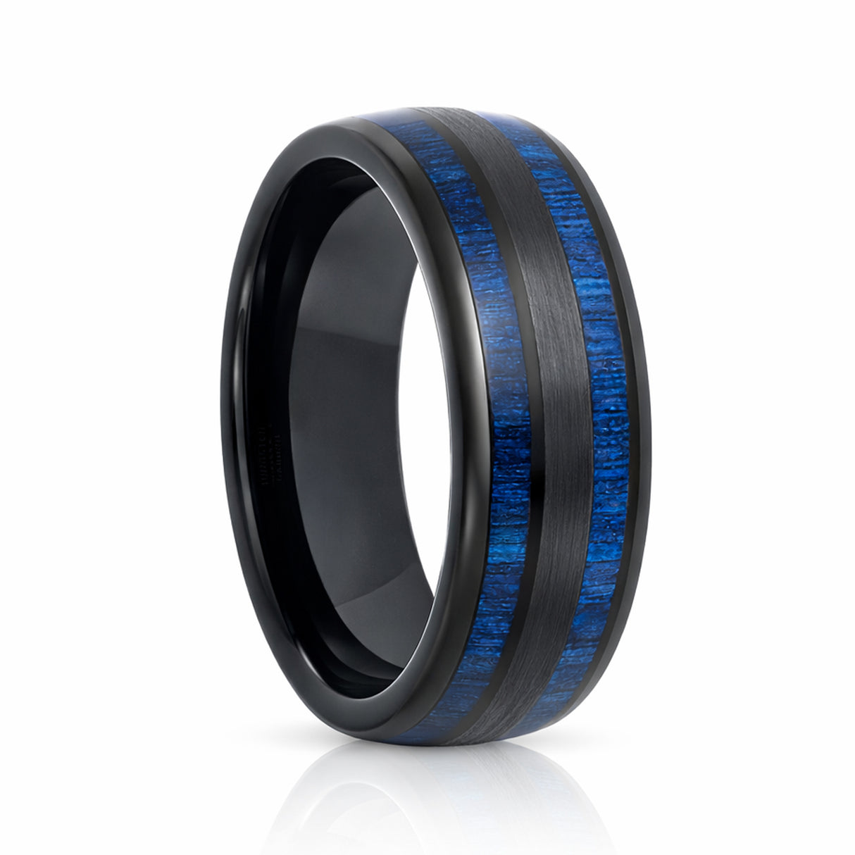 8mm - Tungsten Double Barrel Real Blue Wood Inlay Ring Wedding Band Dome