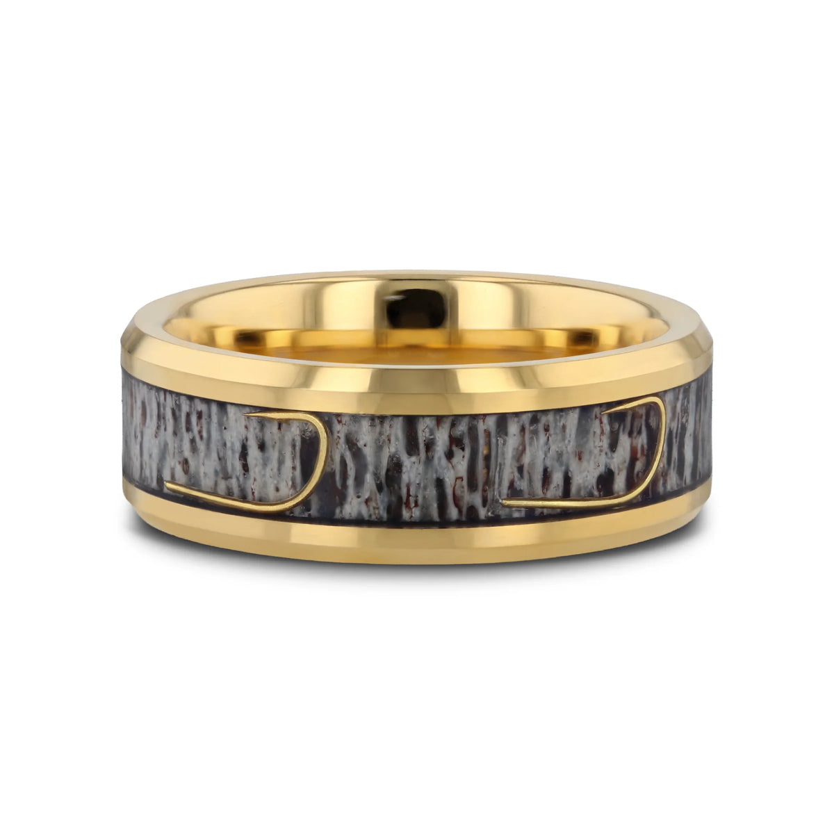 JAEGER – Gold Tungsten Band W/ Deer Antler & Fishhook Inlay