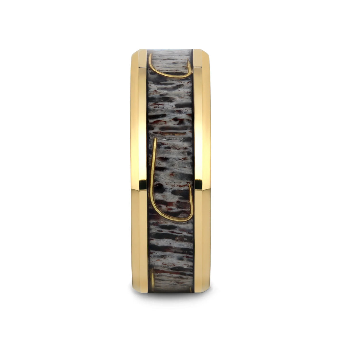 JAEGER – Gold Tungsten Band W/ Deer Antler & Fishhook Inlay